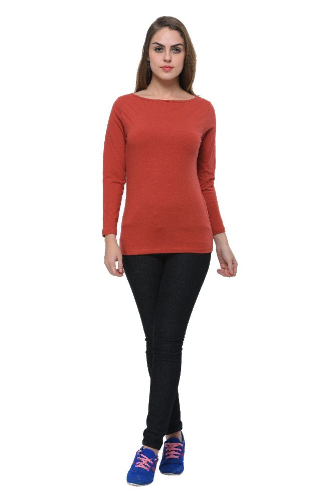 Picture of Frenchtrendz Cotton Spandex Dark Rust Boat Neck Full Sleeve Top