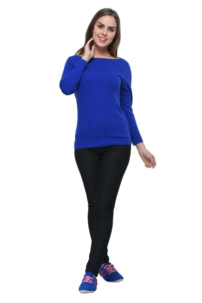 Picture of Frenchtrendz Cotton Spandex Ink Blue Boat Neck Full Sleeve Top