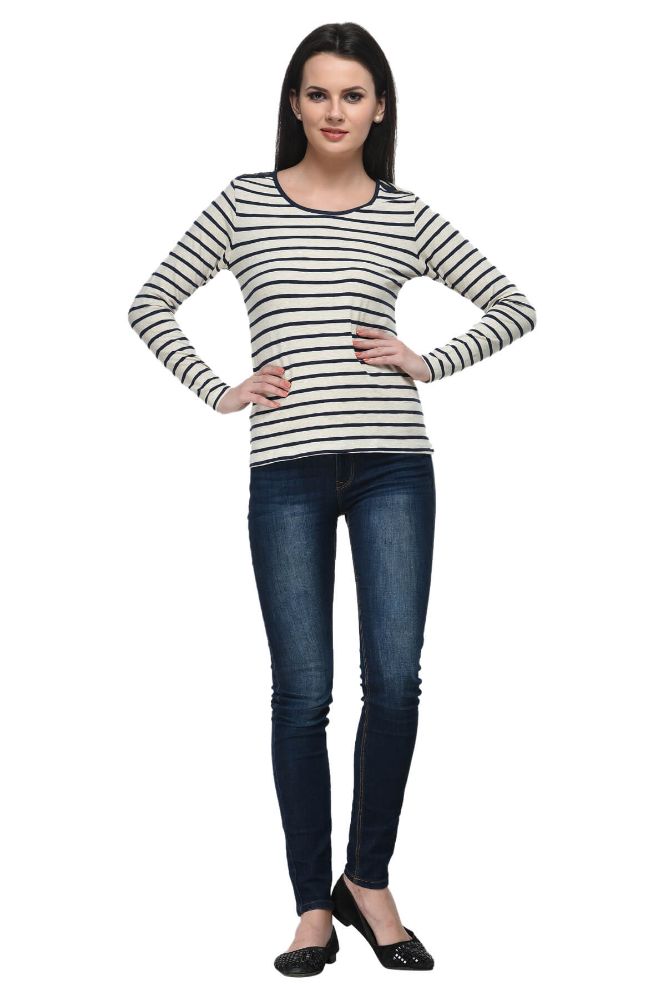 Picture of Frenchtrendz Cotton Spandex Navy Ivory Round Neck Full Sleeve T-Shirt
