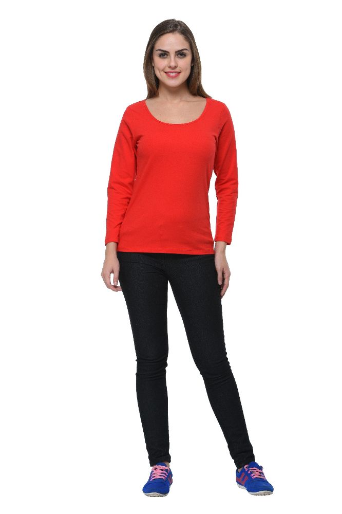 Picture of Frenchtrendz Cotton Spandex Red Scoop Neck Full Sleeve Top