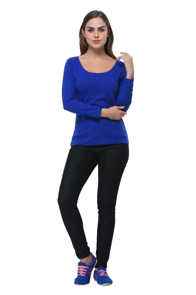 Picture of Frenchtrendz Cotton Spandex Ink Blue Scoop Neck Full Sleeve Top