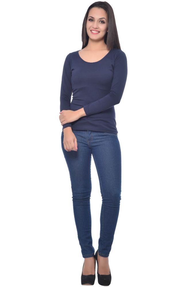 Picture of Frenchtrendz Cotton Spandex Navy Scoop Neck Full Sleeve Top