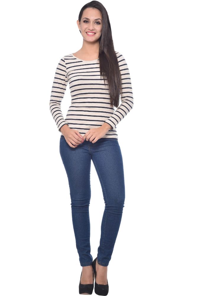 Picture of Frenchtrendz Cotton Spandex Oatmeal Navy Bateu Neck Full Sleeve Top