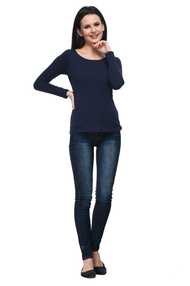 Picture of Frenchtrendz Cotton Spandex Navy Bateu Neck Full Sleeve Top