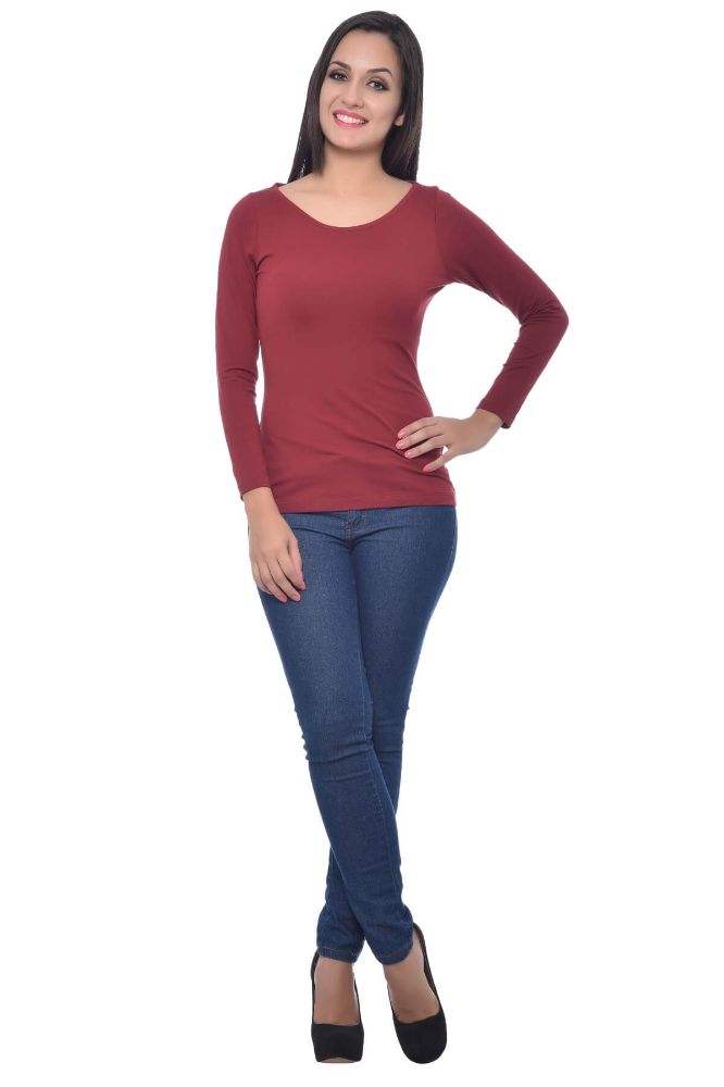 Picture of Frenchtrendz Cotton Spandex Dark Maroon Bateu Neck Full Sleeve Top