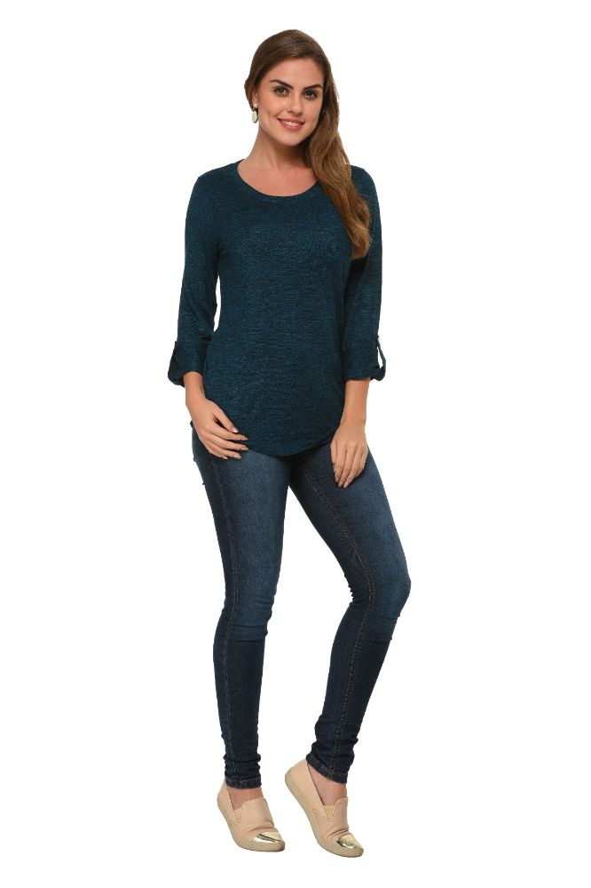 Picture of Frenchtrendz Grindle Teal Round Neck, Roll Up Sleeve Top