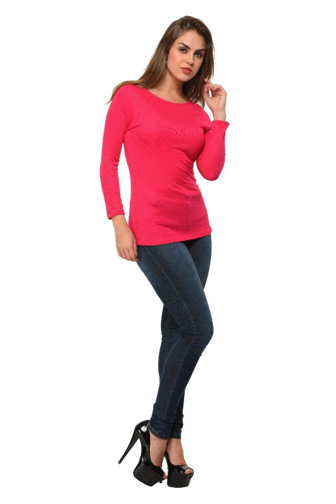 Picture of Frenchtrendz Bateau Neck Rib Viscose Pink Full Sleeves Tops