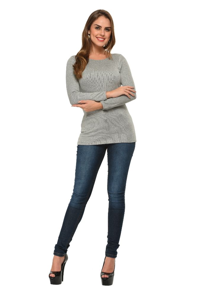 Picture of Frenchtrendz Bateau Neck Rib Viscose Grey Full Sleeves Tops