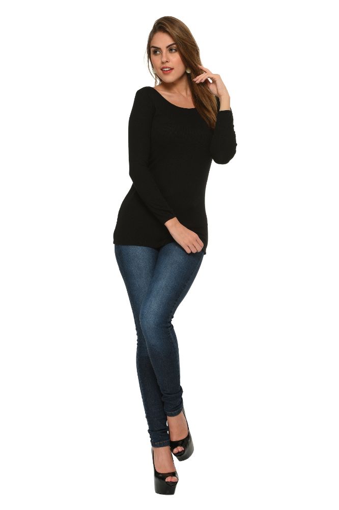 Picture of Frenchtrendz Bateau Neck Rib Viscose Black Full Sleeves Tops