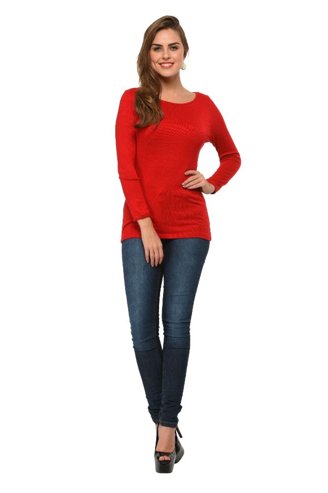 Picture of Frenchtrendz Bateau Neck Rib Viscose Maroon Full Sleeves Tops