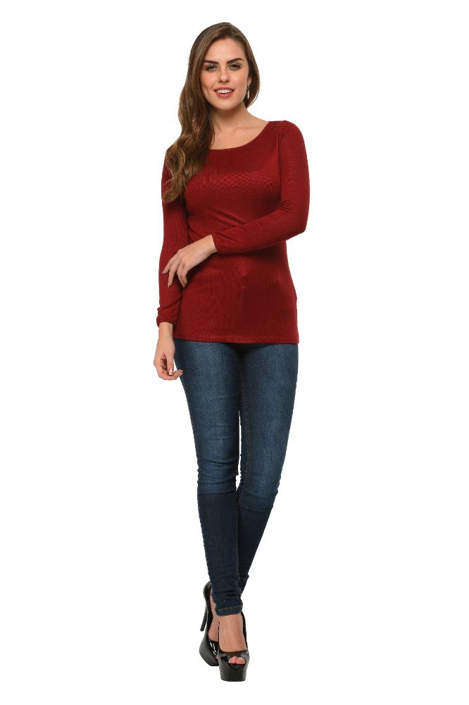 Picture of Frenchtrendz Bateau Neck Rib Viscose Dark Maroon Full Sleeves Tops