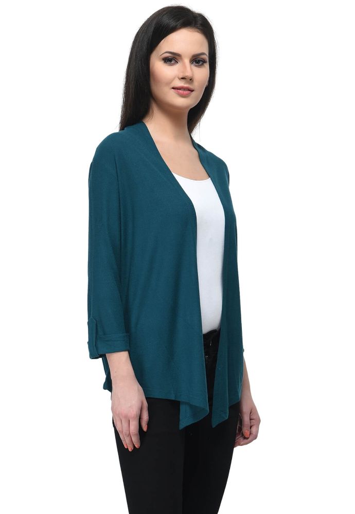 Picture of Frenchtrendz Viscose Crepe Teal Medium Length 3/4 Sleeve Shrug