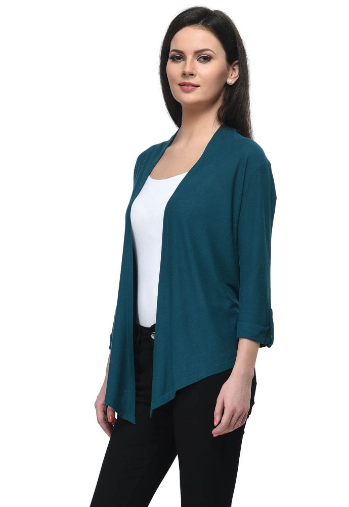 Picture of Frenchtrendz Viscose Crepe Teal Medium Length 3/4 Sleeve Shrug