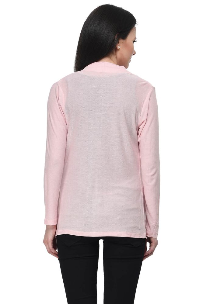Picture of Frenchtrendz Viscose Crepe Baby Pink Front Placket Medium Length full Sleeve Shrug