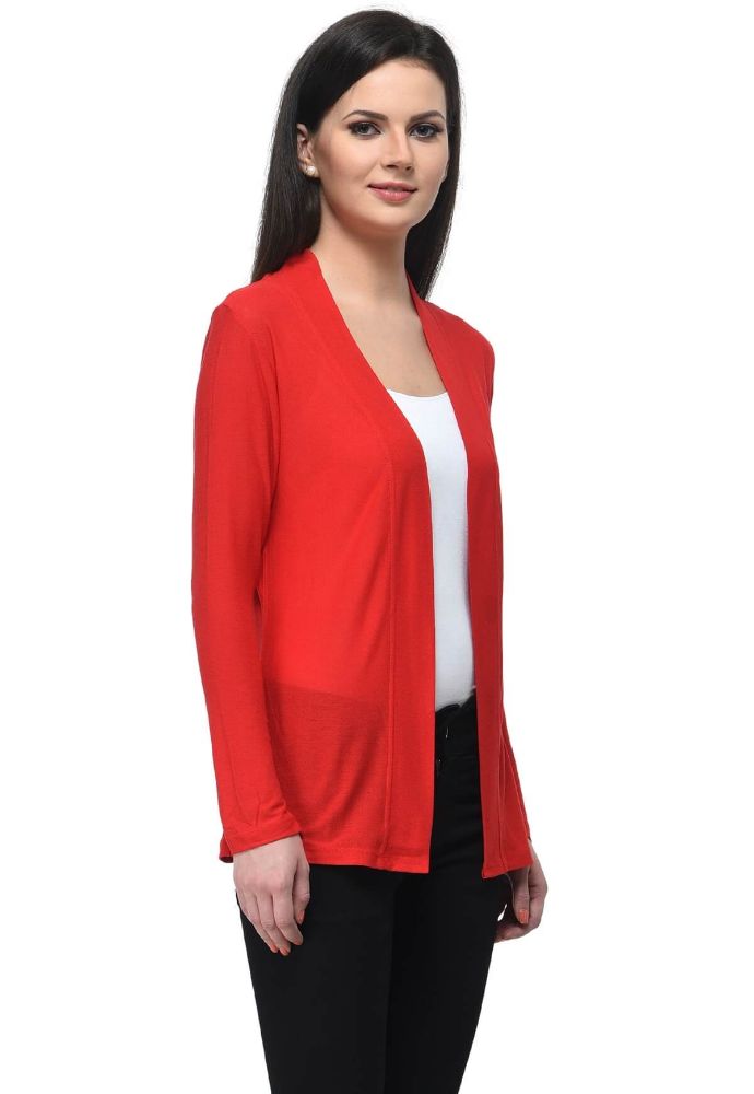 Picture of Frenchtrendz Viscose Crepe Red Front Placket Medium Length full Sleeve Shrug
