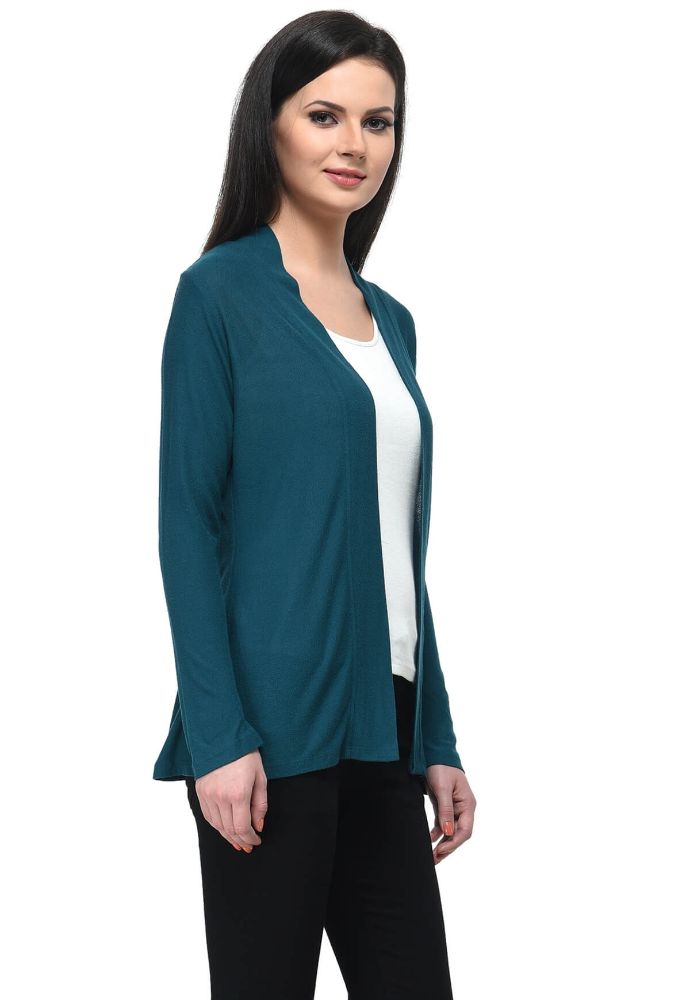 Picture of Frenchtrendz Viscose Crepe Teal Front Placket Medium Length full Sleeve Shrug