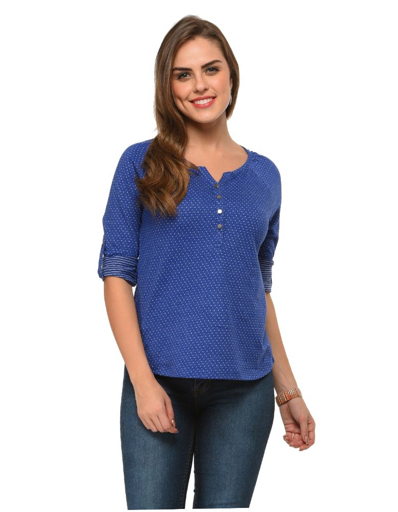 Picture of Frenchtrendz Cotton Poly Ink Blue Raglan 3/4 Sleeve Top