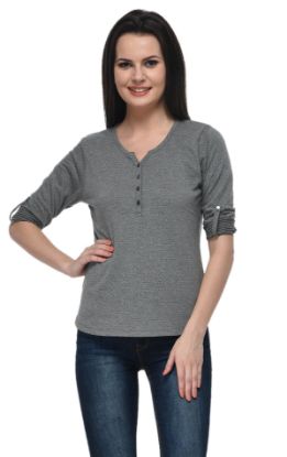 Picture of Frenchtrendz Cotton Poly Grey Henley Neck 3/4 Sleeve Top