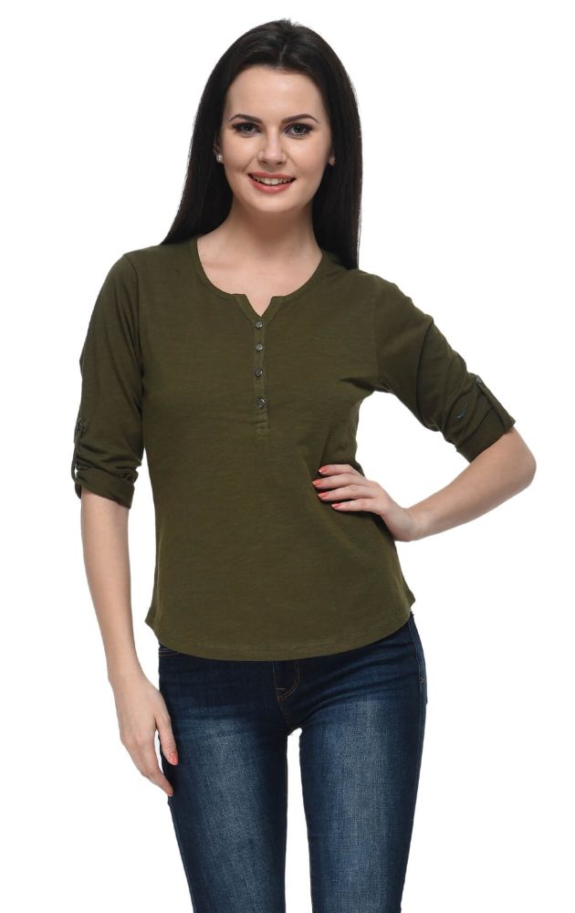 Picture of Frenchtrendz Cotton Slub Olive Henley Neck 3/4 Sleeve Top