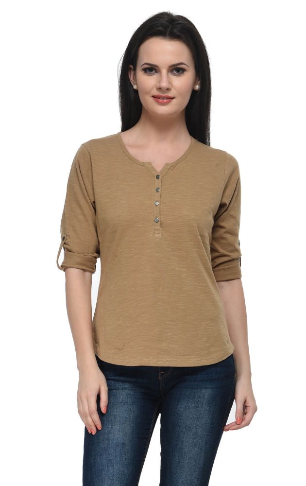 Picture of Frenchtrendz Cotton Slub Camel Henley Neck 3/4 Sleeve Top