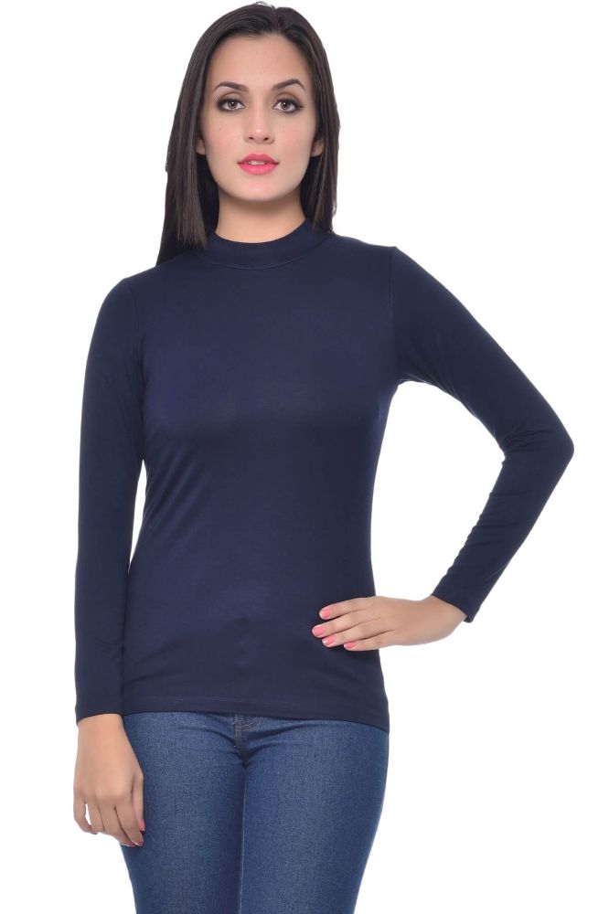 Picture of Frenchtrendz Viscose Spandex Navy Highneck Full Sleeve T-Shirt