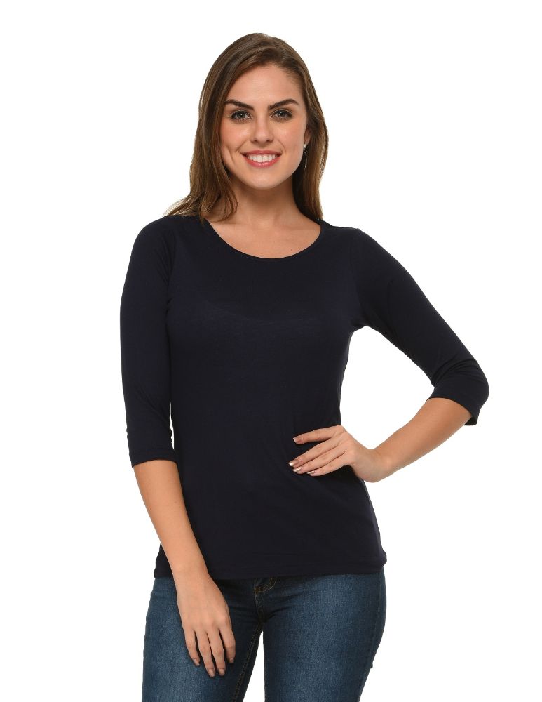 Picture of Frenchtrendz Viscose Navy Bateu Neck 3/4 Sleeve Top