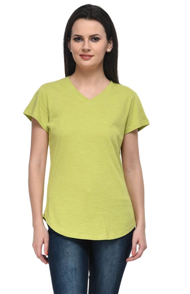 Picture of Frenchtrendz Cotton Slub Lime V-Neck short Sleeve Long Length Top