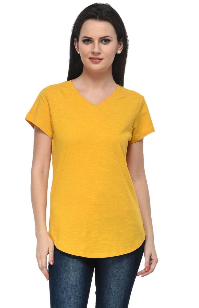 Picture of Frenchtrendz Cotton Slub Mustard V-Neck short Sleeve Long Length Top