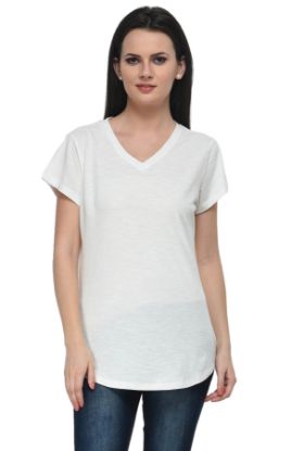 Picture of Frenchtrendz Cotton Slub Ivory V-Neck short Sleeve Long Length TOP