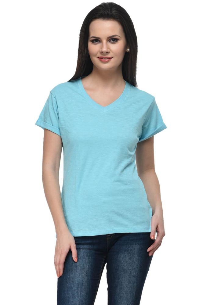 Picture of Frenchtrendz Cotton Slub Turquish V-Neck short Sleeve Medium Length T-Shirt