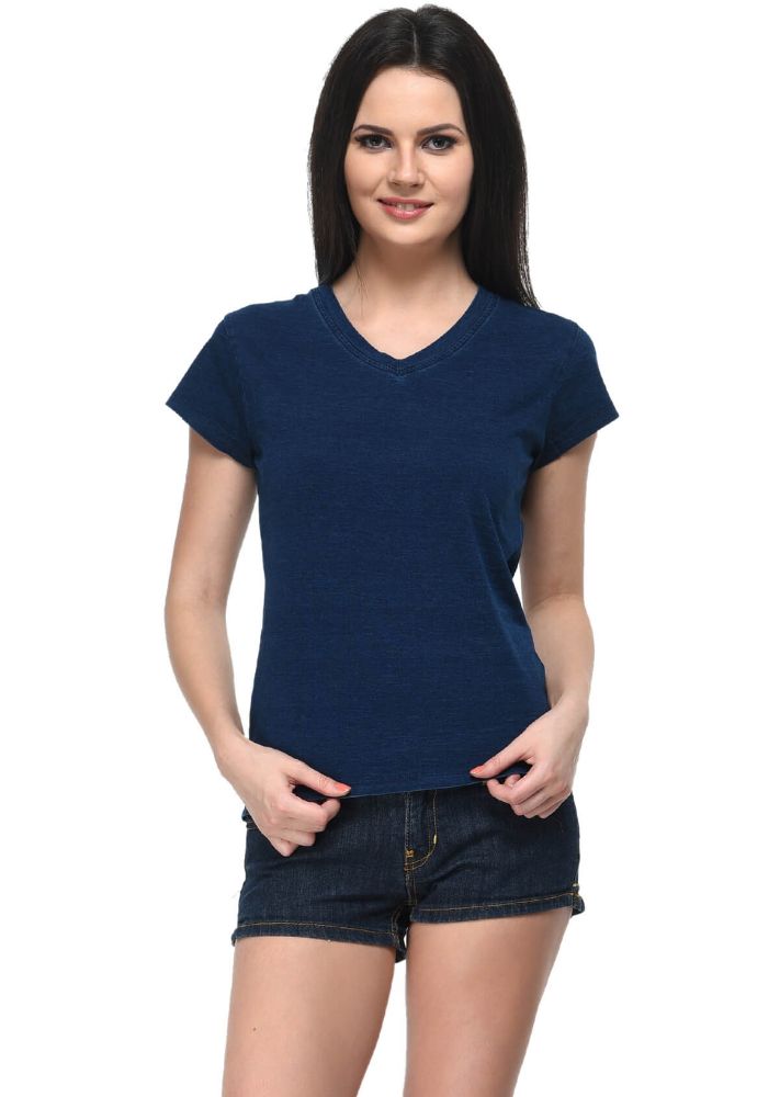 Picture of Frenchtrendz Cotton Denim Indigo Wash V-Neck Half Sleeve Medium Length T-Shirt