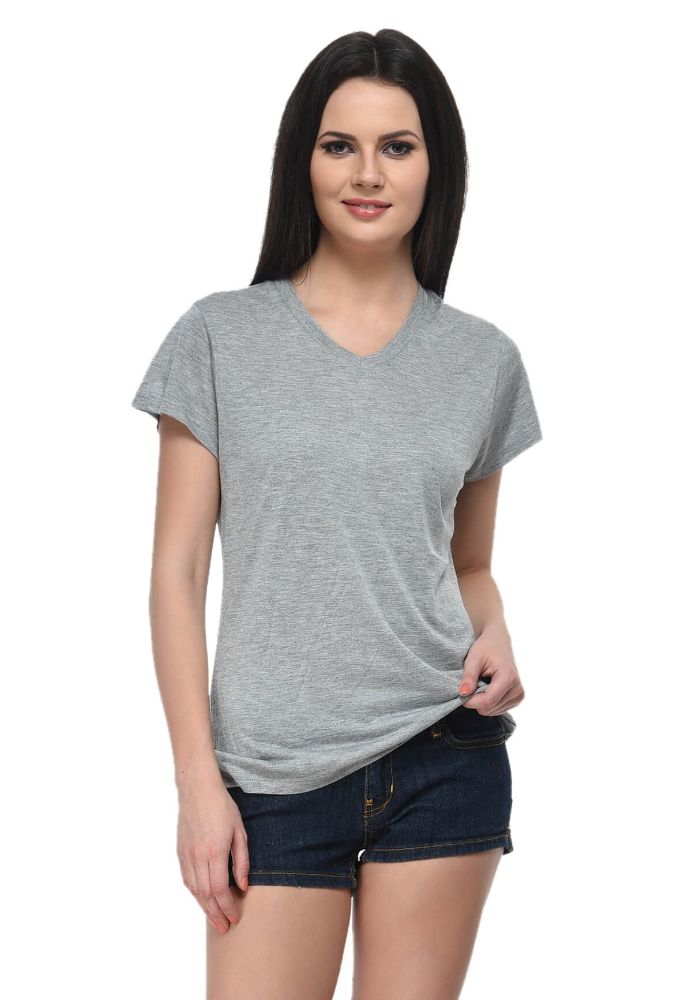 Picture of Frenchtrendz Viscose Grey V-Neck short Sleeve Medium Length Top