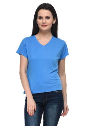 Picture of Frenchtrendz Viscose Blue V-Neck Half Sleeve Short Length Tops