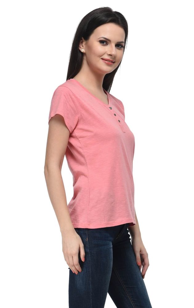 Picture of Frenchtrendz Cotton Slub Coral Henley neck short Sleeve Top