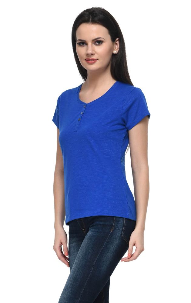 Picture of Frenchtrendz Cotton Slub Ink Blue Henley neck short Sleeve Top