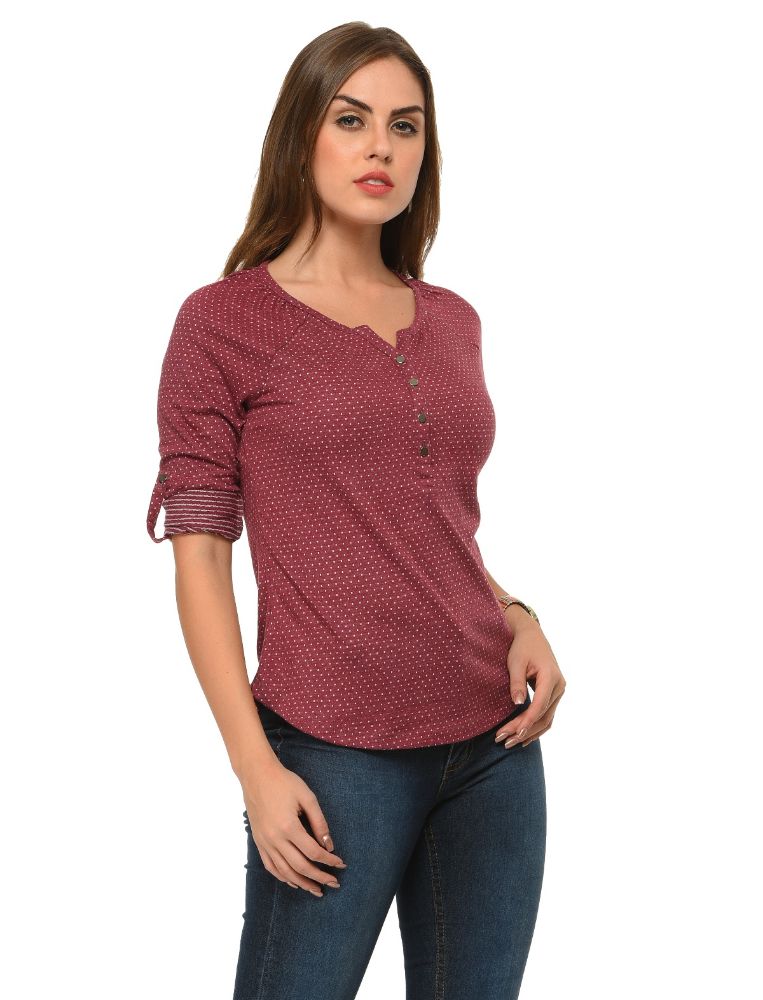 Picture of Frenchtrendz Cotton Poly Dark Maroon Raglan 3/4 Sleeve Top