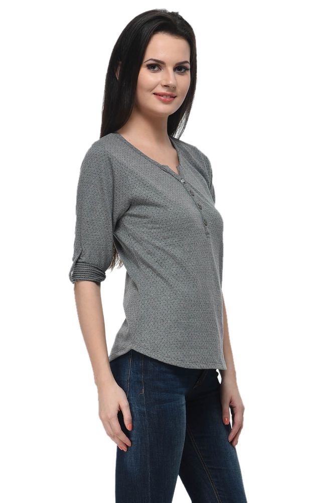 Picture of Frenchtrendz Cotton Poly Grey Henley Neck 3/4 Sleeve Top