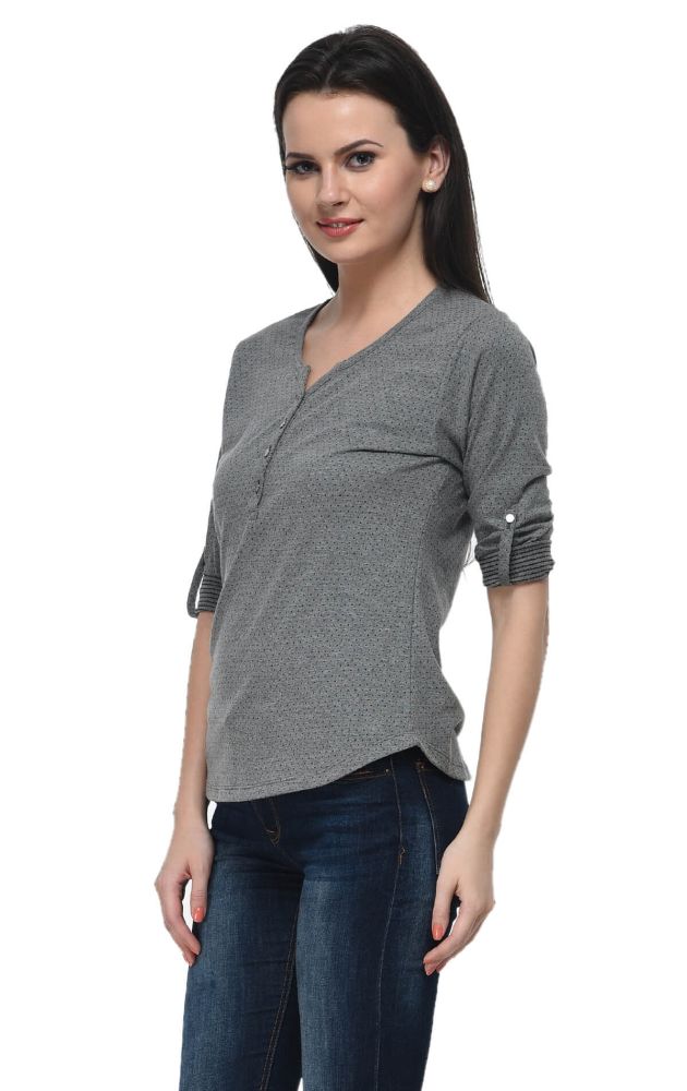 Picture of Frenchtrendz Cotton Poly Grey Henley Neck 3/4 Sleeve Top
