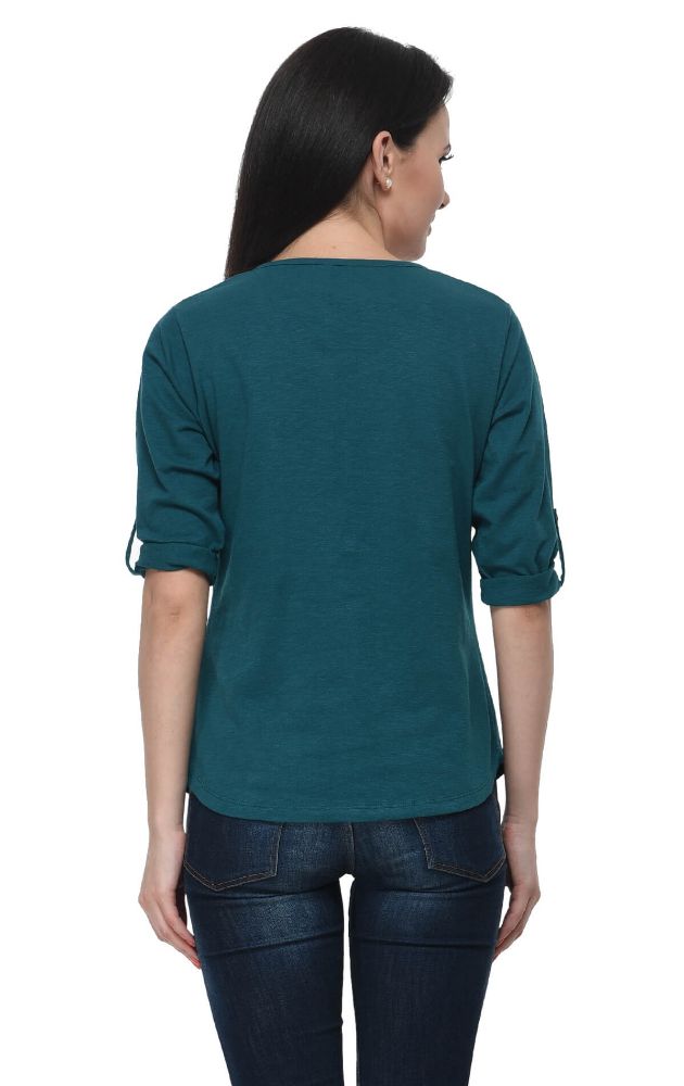 Picture of Frenchtrendz Cotton Slub Teal Henley Neck 3/4 Sleeve Top