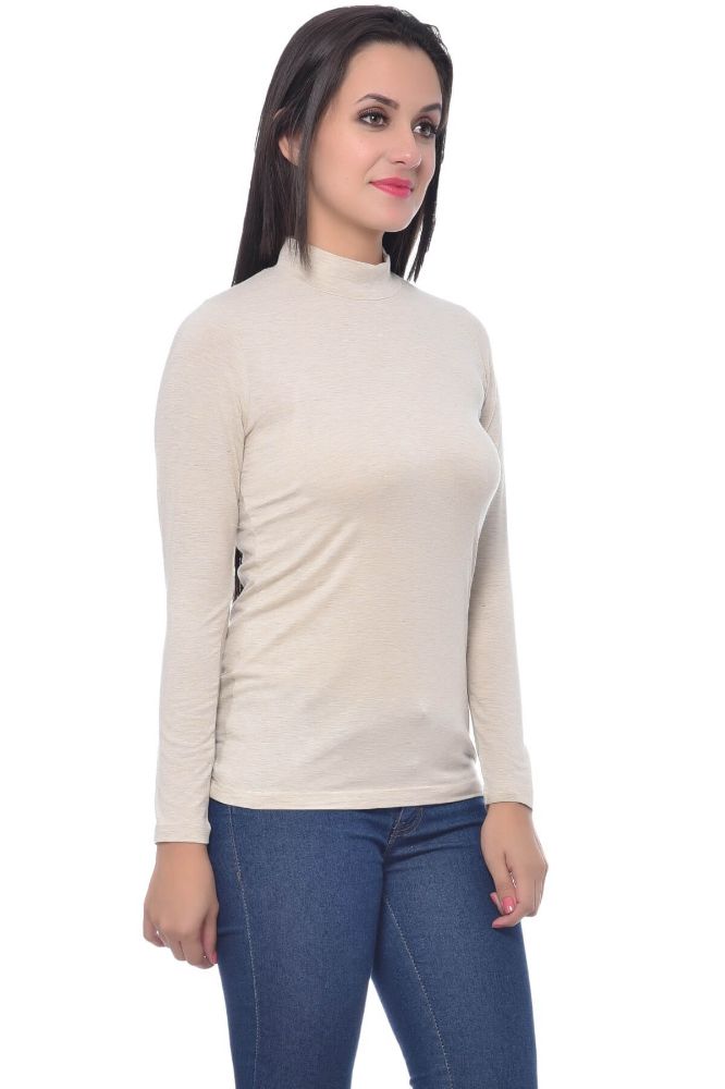 Picture of Frenchtrendz Viscose Spandex Oatmeal Highneck Full Sleeve T-Shirt