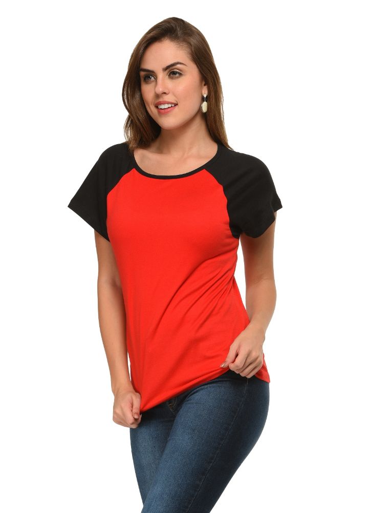 Picture of Frenchtrendz Cotton Red Black Raglan Cap Sleeve Medium Length Top
