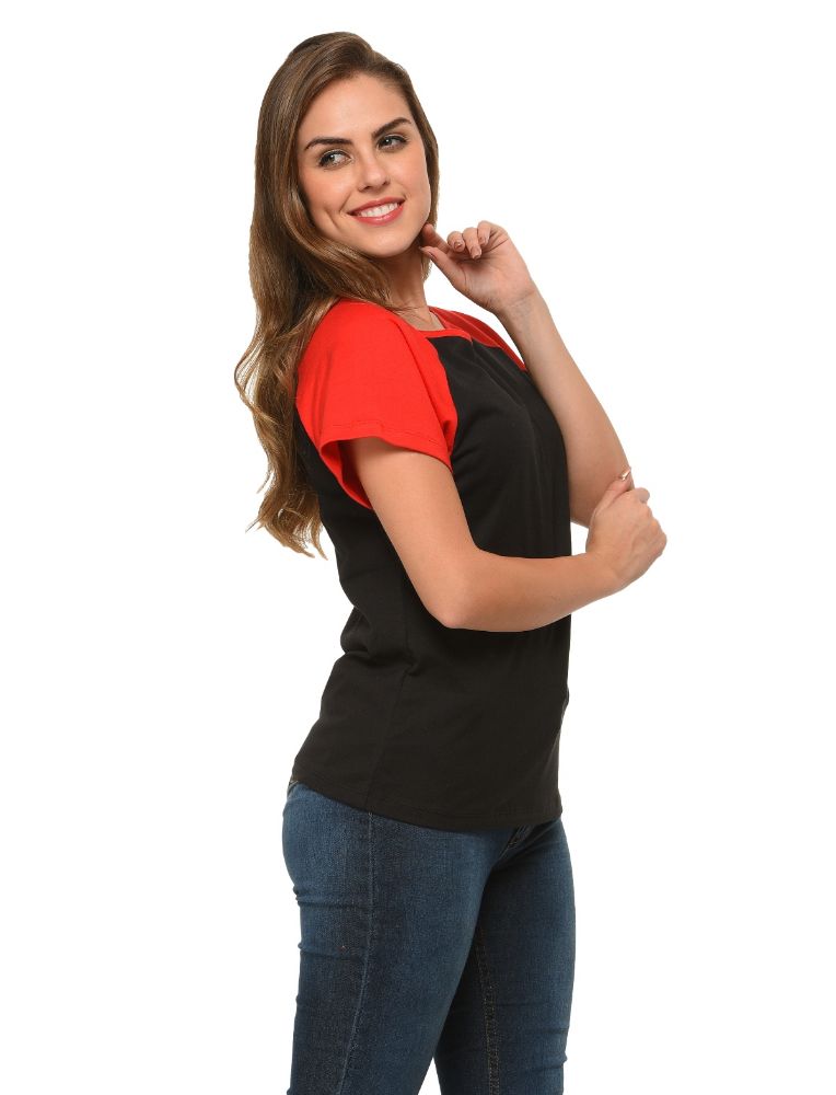 Picture of Frenchtrendz Cotton Black Red Raglan Cap Sleeve Medium Length Top