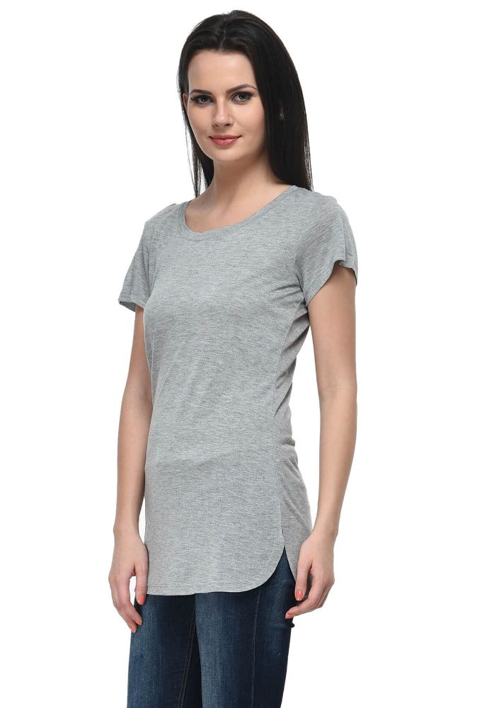 Picture of Frenchtrendz Viscose Grey Round Neck Long Length short Sleeve Top