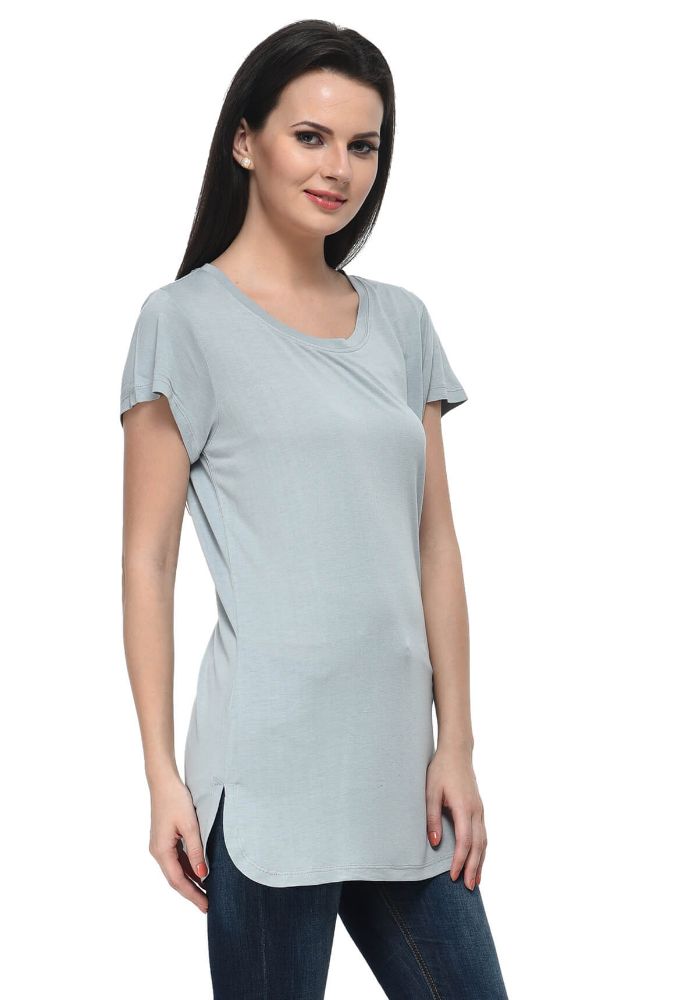 Picture of Frenchtrendz Viscose Slate Round Neck Long Length short Sleeve Top