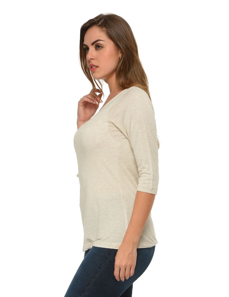 Picture of Frenchtrendz Viscose Oatmeal Bateu Neck 3/4 Sleeve Top