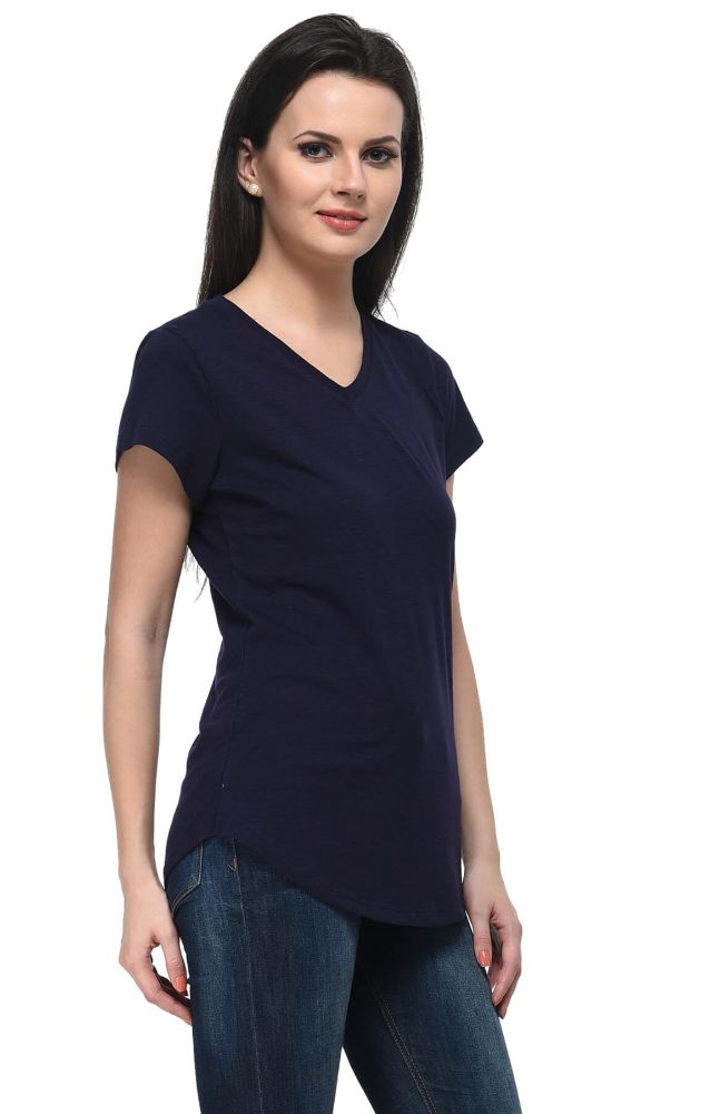 Picture of Frenchtrendz Cotton Slub Navy V-Neck short Sleeve Long Length Top