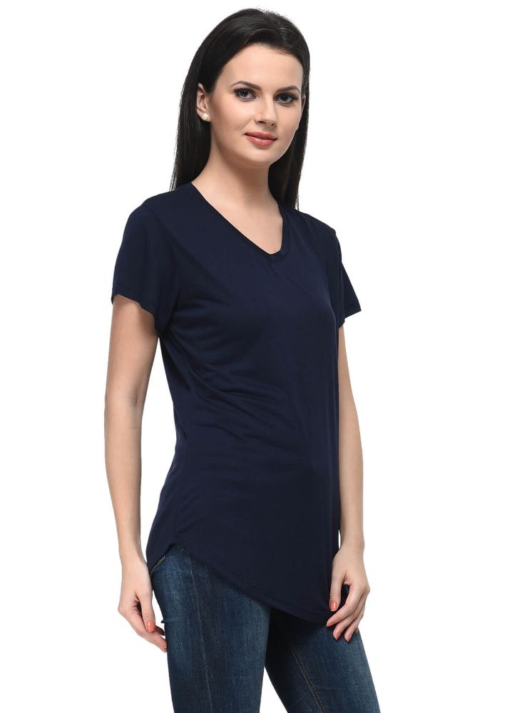 Picture of Frenchtrendz Viscose Navy V-Neck short Sleeve Long Length Top