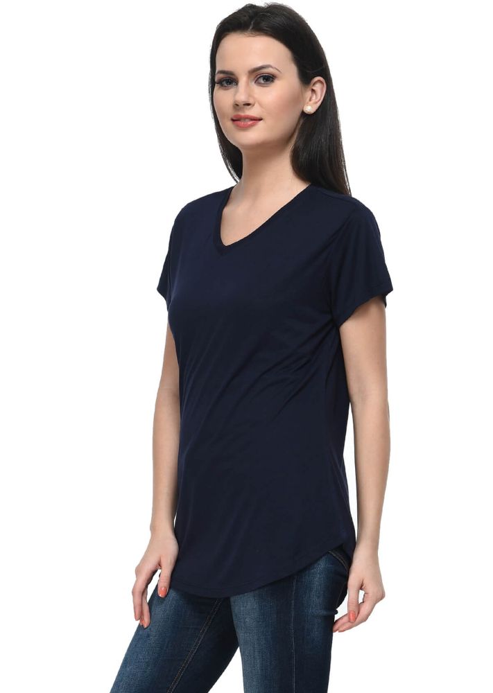 Picture of Frenchtrendz Viscose Navy V-Neck short Sleeve Long Length Top
