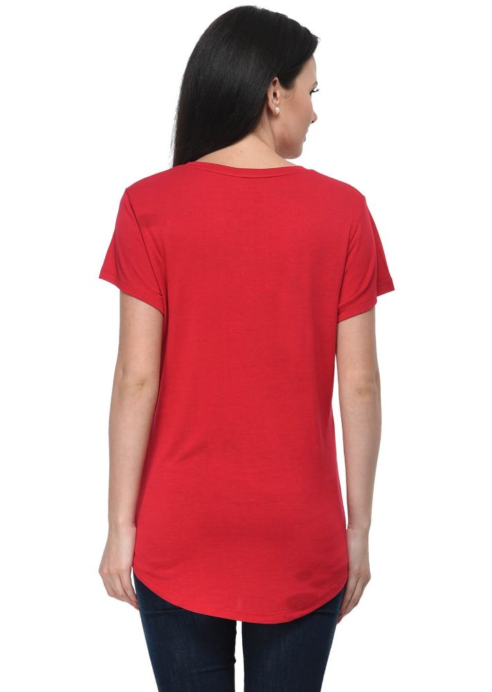 Picture of Frenchtrendz Viscose Red V-Neck short Sleeve Long Length Top