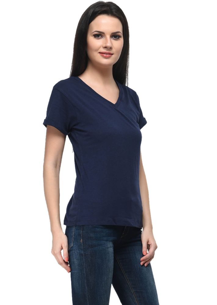 Picture of Frenchtrendz Cotton Slub Navy V-Neck short Sleeve Medium Length T-Shirt